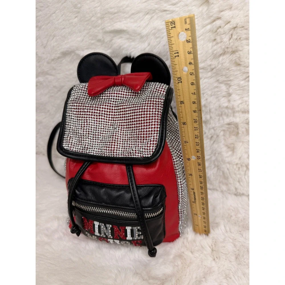 Disney Parks Minnie Mouse Rhinestone Mini Backpack Red Blk Bow Free Mickey Charm